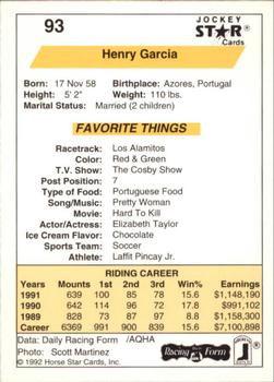 1992 Jockey Star #93 Henry Garcia Back
